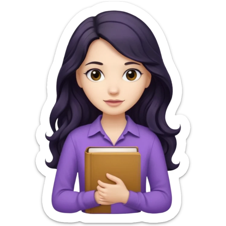 Long Hair Women with purple Book, Black wavy hair, beige shirt sticker