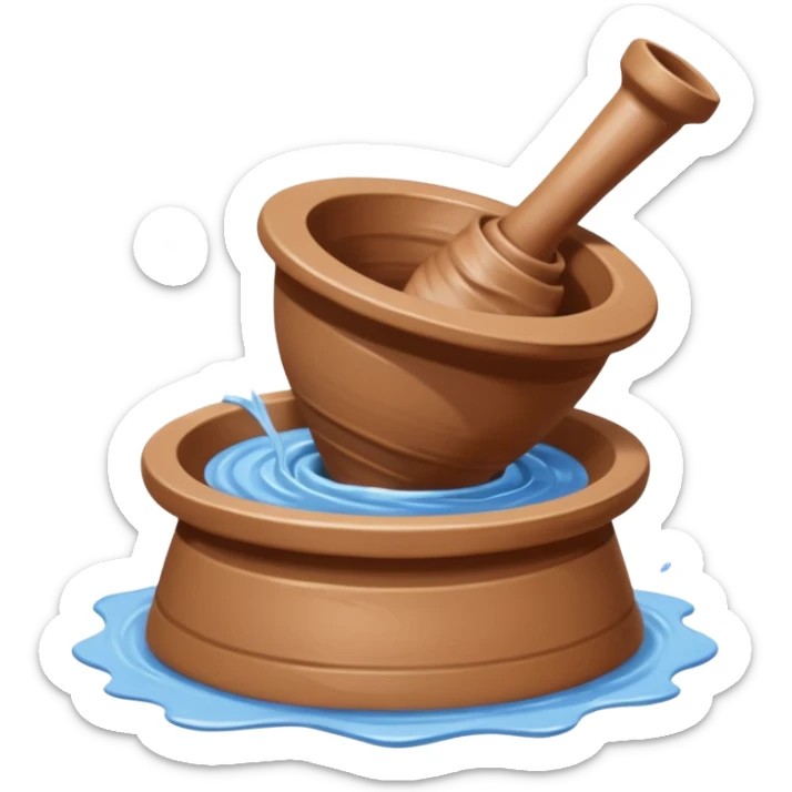 Realistic image of a potter's wheel in action, shaping wet clay into graceful shapes, water splashing gently sticker