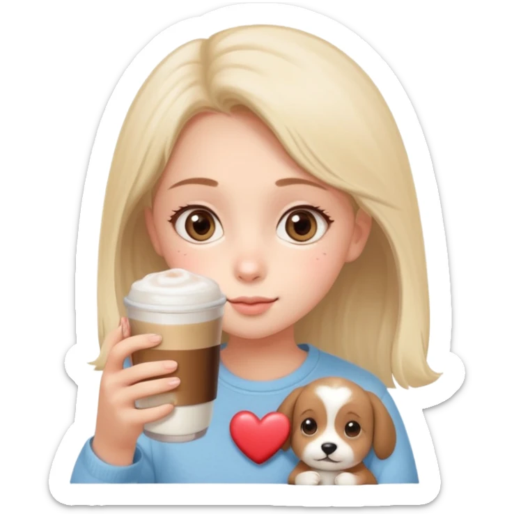 Cute girl with big puppy eyes asking her mom for Nescafe, holding a glass mug of instant coffee with foam on top, warm cozy home background, soft pastel colors, kawaii style, heart details, WhatsApp sticker style, transparent background sticker