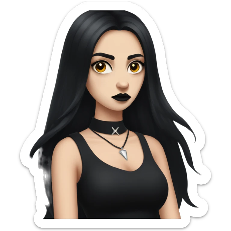 Portrait. Goth, deer girl. Wearing a black sleeveless dress with a choker. She has White antlers and deer ears. Long Black hair. She looks angry sticker
