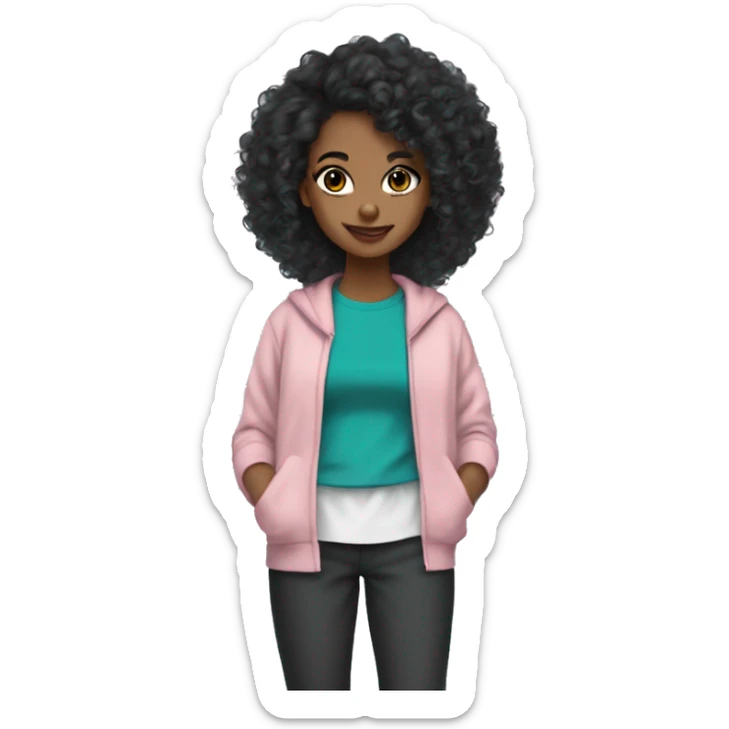 Carmel skin girl teal braces black crop top long black curly hair grey bell bottom sweat pants slit eyebrows and white and pink long cardigan  sticker