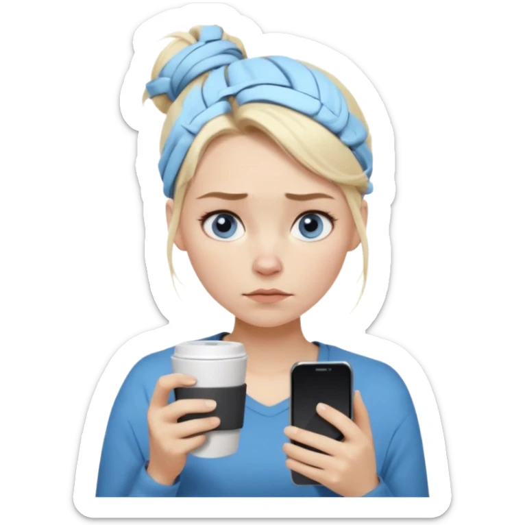 Cartoon emoji of a Scandinavian-looking woman with light blonde hair, pale skin, blue eyes. Portrait mode. Messy bun, tired eyes, tense face. Holding phone and coffee, rushed posture. Clearly busy, overwhelmed, slightly miserable. Smooth, simple, stylized sticker