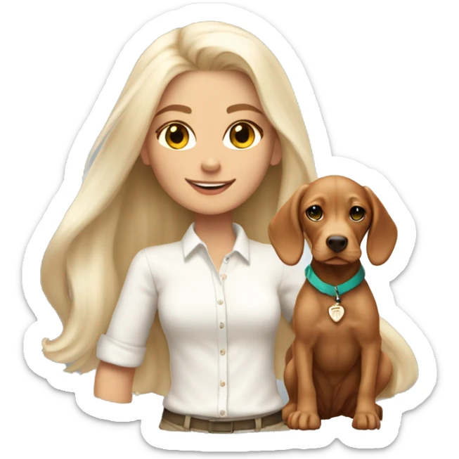 Pretty tan skinned girl with long white blonde hair wearing a preppy outfit with a cute vizsla puppy  sticker
