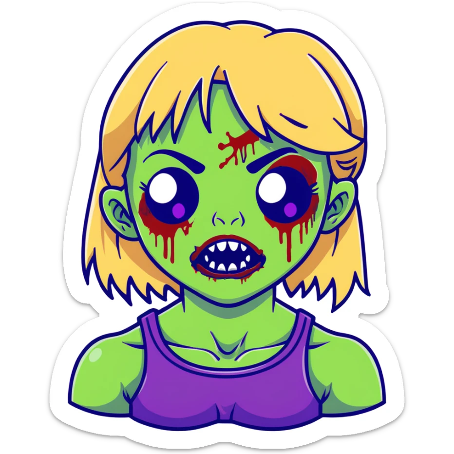 Zombie girl with green skin, purple bruises, gaping mouth, blonde long hair with bangs sticker