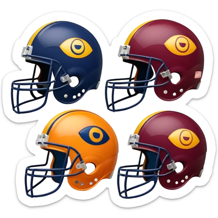 Football helmets in burgundy and gold and navy and orange, each with their respective team logo, facing off, emoji style sticker