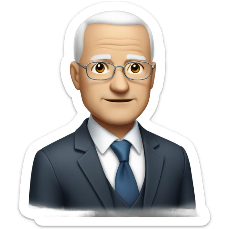 Man about 60 years old, bald with white hair only on the sides, large napia, with a very round face, small eyes, double chin and wearing a suit sticker