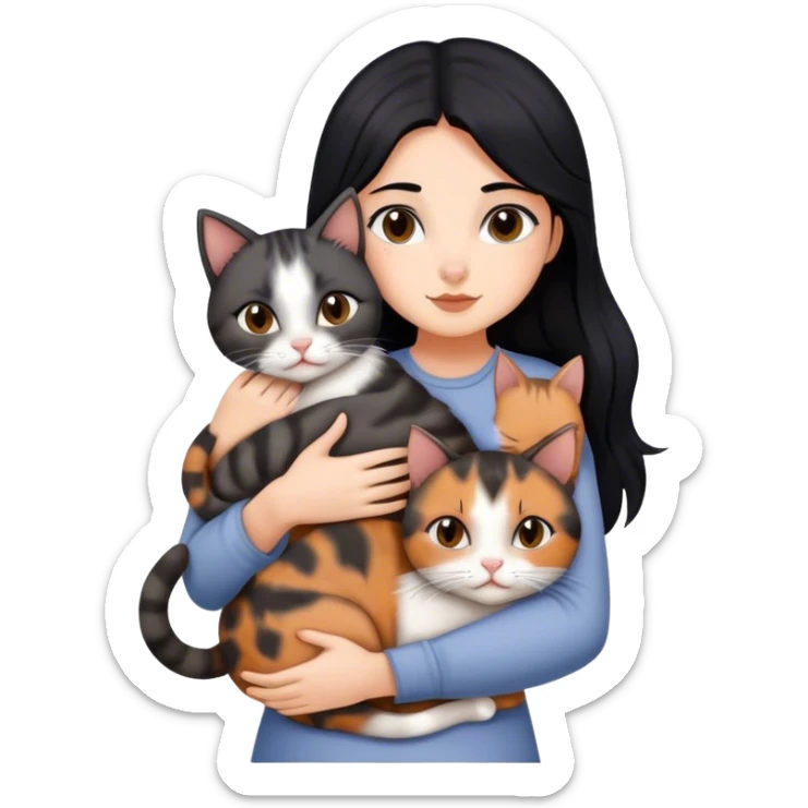 girl with black hair hugging three cats  (tortie cat, gray cat, brown calico cat) sticker