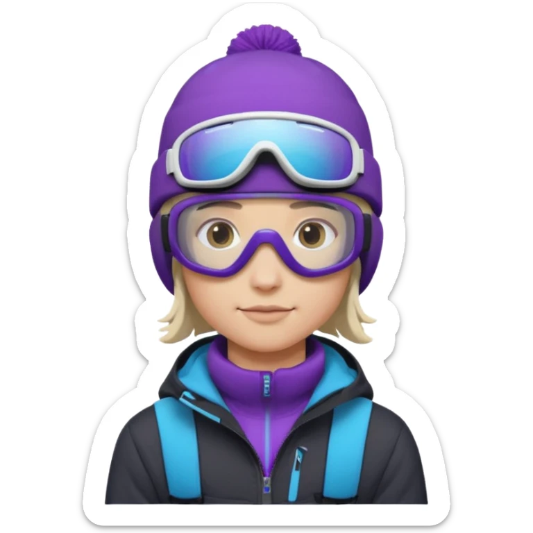Pro Snowboarder with white and grey beanie, purple and blue frameless goggles on and a black jacket sticker