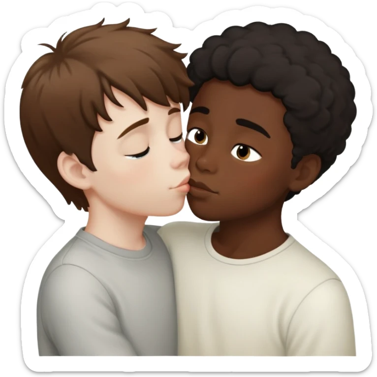 A pale boy with fluffy brown hair kissing a taller dark skinned boy with short black hair sticker