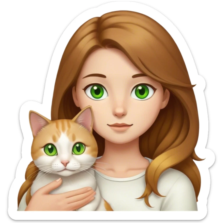 A wheat girl (slightly brunette with brown hair with golden locks) holding a white cat with green eyes sticker