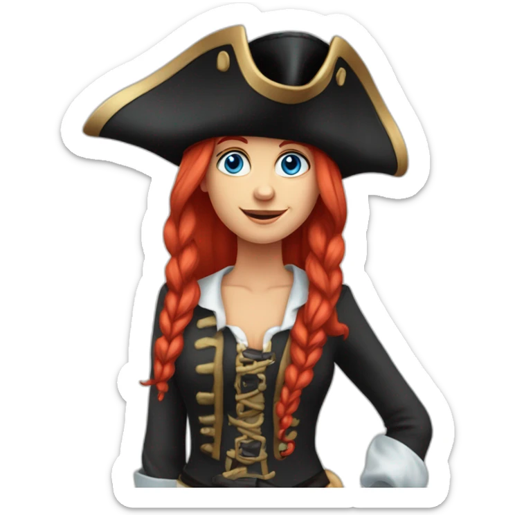 Woman long red platted hair, hair to one side. pirate hat. One side of head has no hair. Blue eyes. skull and crossbones t shirt sticker