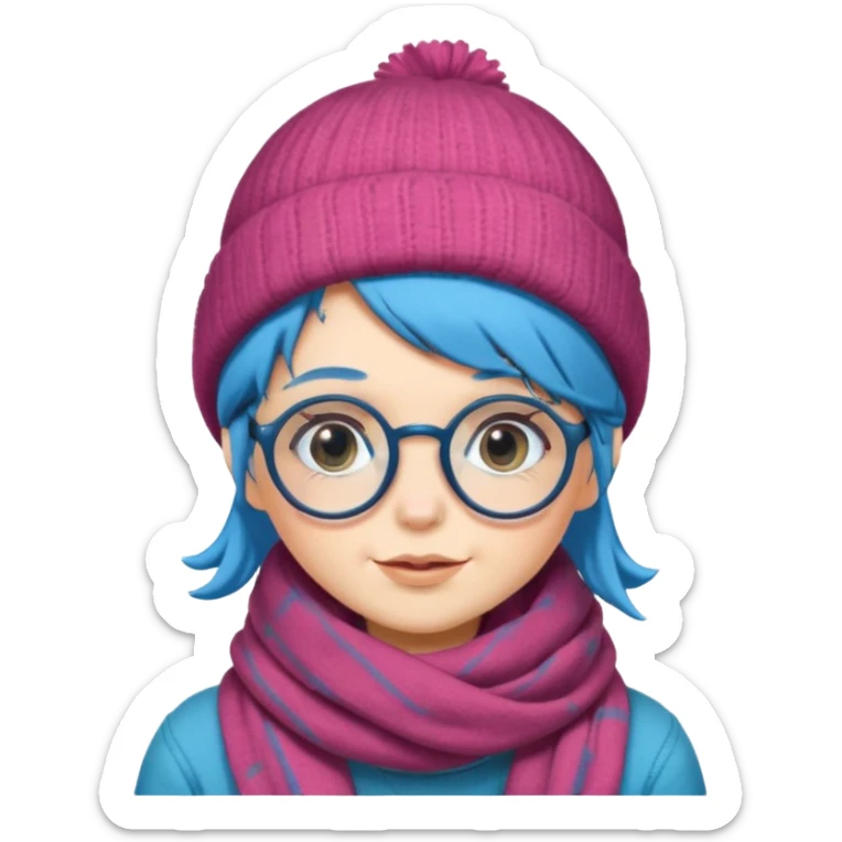 A shy blue straight hair woman with big round glasses and thick scarf and a beanie, blushing from the cold. sticker