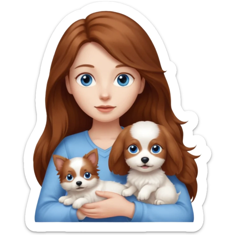 long hair chestnut color blue eyes woman holding small completely white dog sticker
