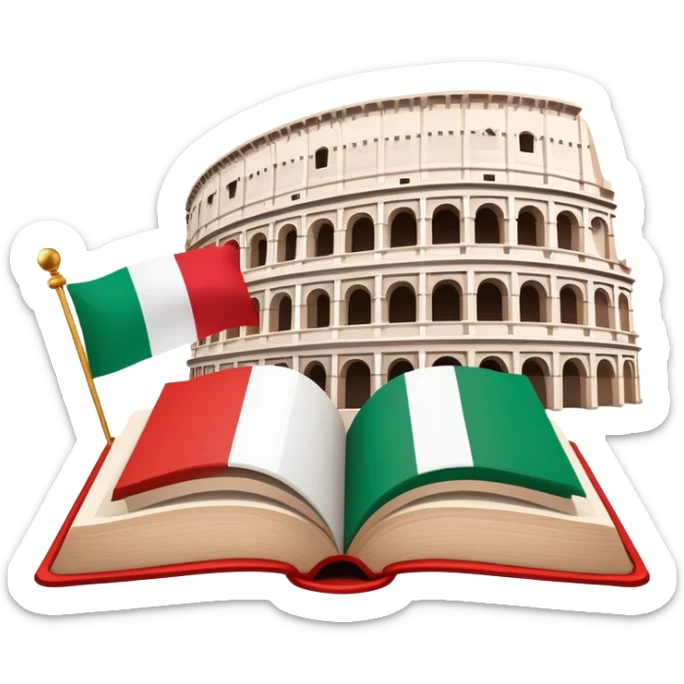 An icon featuring the Colosseum and the flag of Italy, symbolizing the Italian language. The design includes an open book with Italian phrases and a gondola, representing language learning and cultural exploration. Transparent background sticker