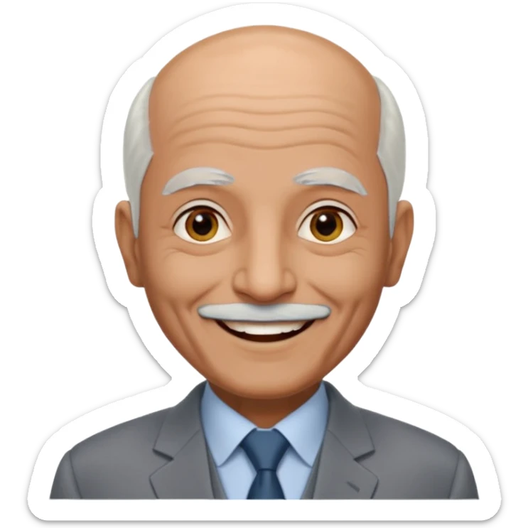 70 yr old man, almost bald, some white hair, pakistani, light grey business suit, big smile, dark skin, no facial hair
 sticker