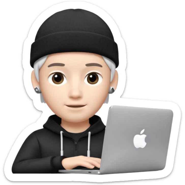 Apple Memoji–style 3D avatar of a young male with a beanie and AirPods, using a laptop, soft lighting, white background. sticker