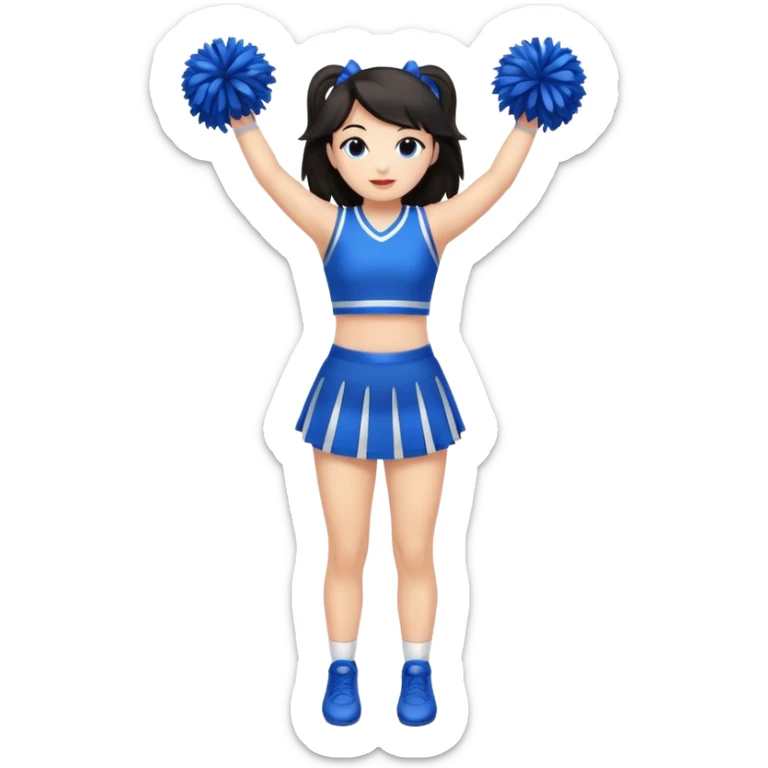 give me a full-length cheerleader with dark hair and blue pom poms sticker