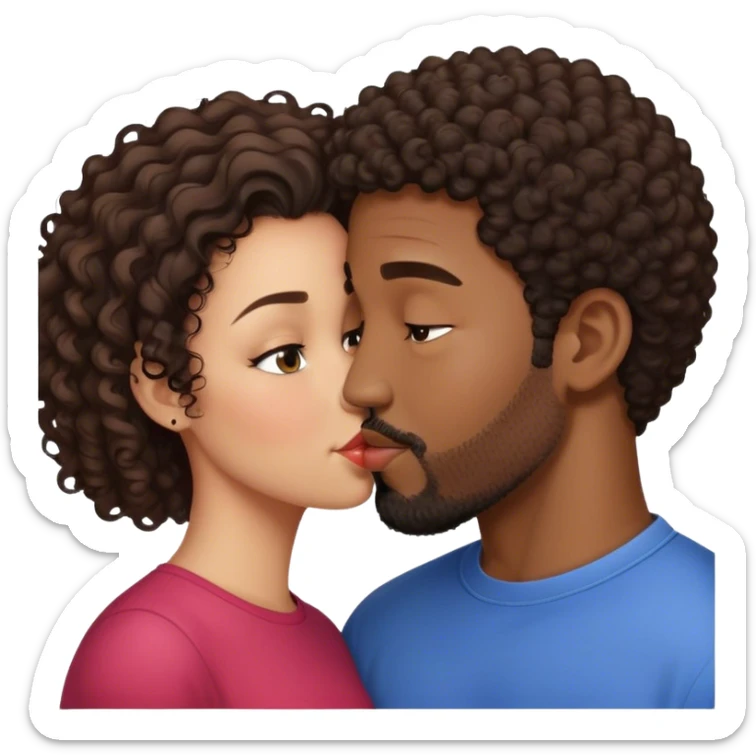 Short curly hair Black man with facial hair kiss small pretty brunette woman sticker