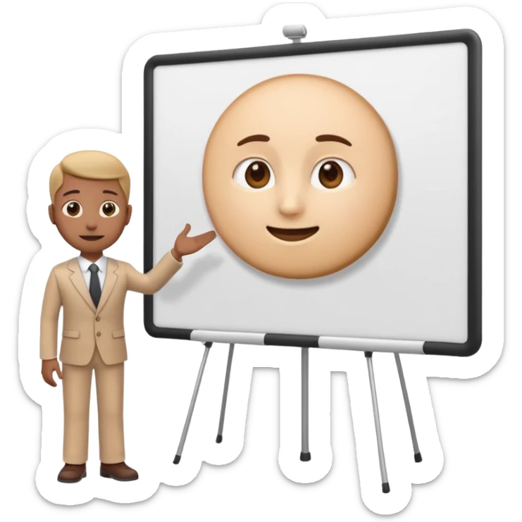 A clean emoji-style illustration of a person giving a presentation, standing next to a large presentation board on a stand, board empty and white, no podium, no desk, no table, friendly proportions, soft 3D emoji style sticker