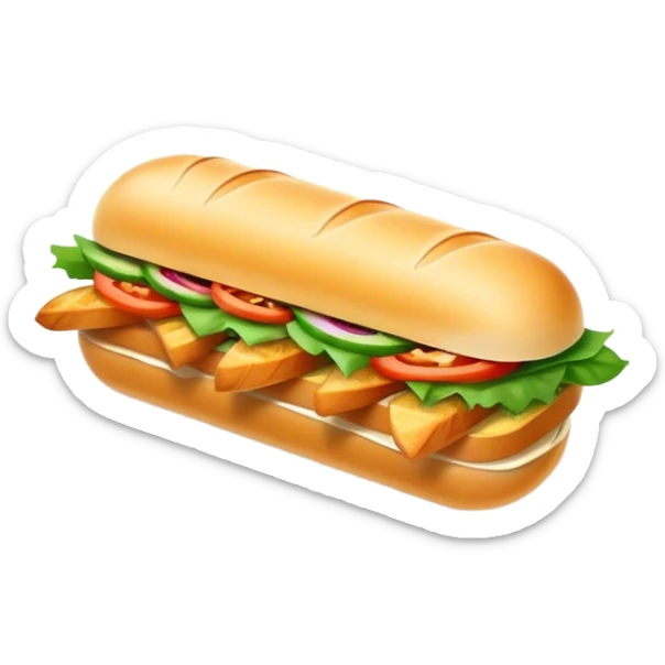 Banh Mi Cinematic Realistic Banh Mi Sandwich Dish Emoji, depicted as a simple, small baguette filled with fresh ingredients, rendered with crisp textures and vibrant, inviting lighting. sticker