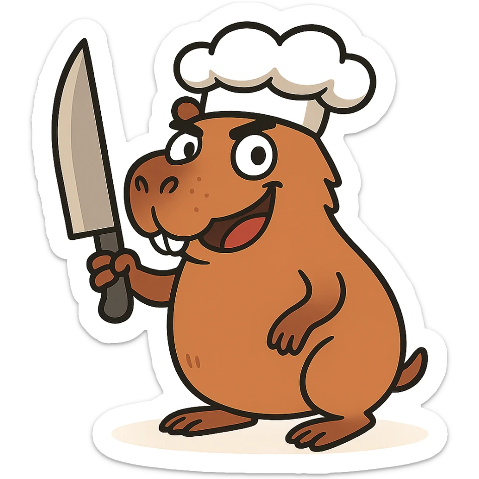 Add a playful and cute chef hat to the cartoon capybara holding a knife, keeping the overall style playful and cute. sticker