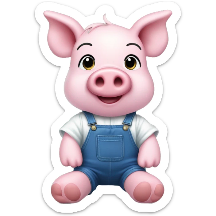 Soft toy pink pig, in blue overalls and white sleeves shirt, soft plush paws and legs, on the snout two crosses instead of nostrils, ears, no tail and hair, black eyes sticker