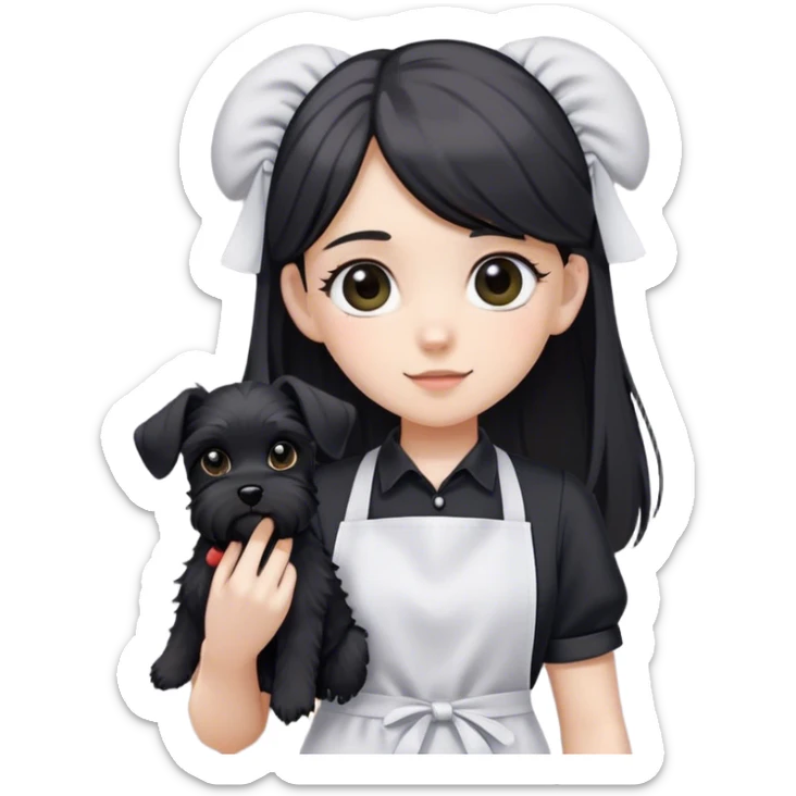 pale girl with long back hair wearing black long shirt wearing apron holding black floppy ear schnauzer sticker