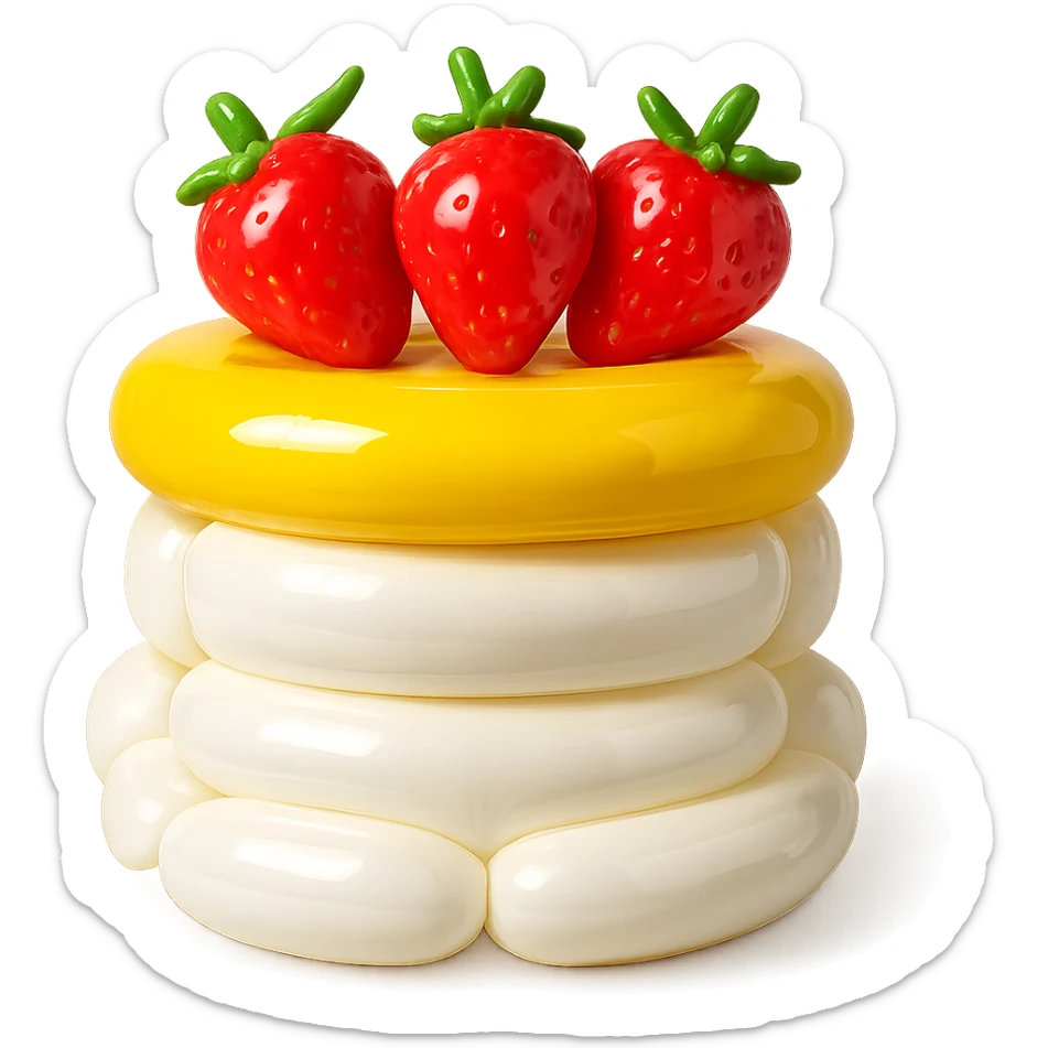 white cake with strawberries on top, balloon style sticker