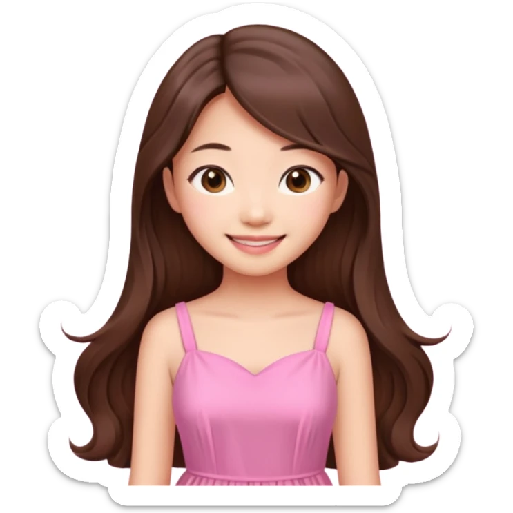 girl aesthetic emoji, asian beautiful long brown hair pink dress sticker