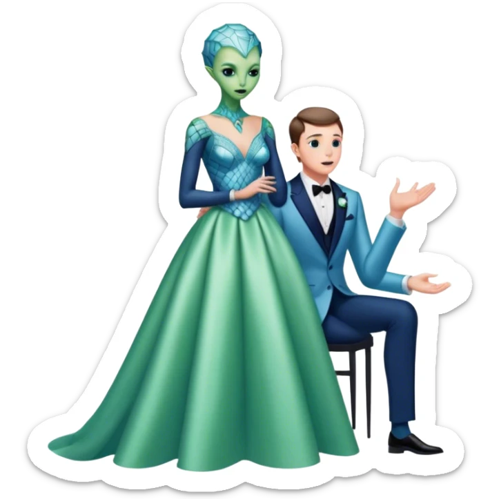 alien reptilian green skin woman, in long slim pastel blue formal party satin dress with gradient shiny sparkling navy blue diamonds embroidered , and caucasian man in black dres on his knees asks her to marry her sticker