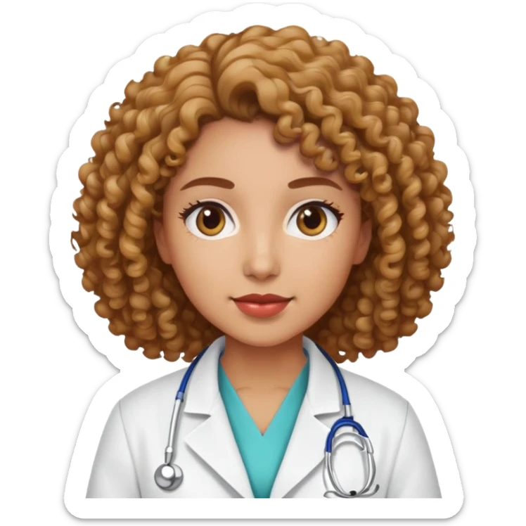 woman with curly hair, light brown skin, wearing hospital lab coat sticker