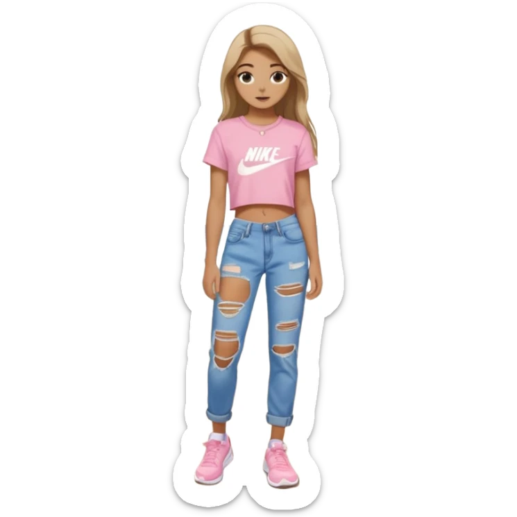 preppy teenage girl, tan, less blonde highlights, brown long hair, long eyelashes, beach aesthetic, wearing cute clothes, wearing ripped blue long baggy jeans with a light pink sexy crop top, wearing Nike shoes, very sexy, very long eyelashes, very pretty sticker