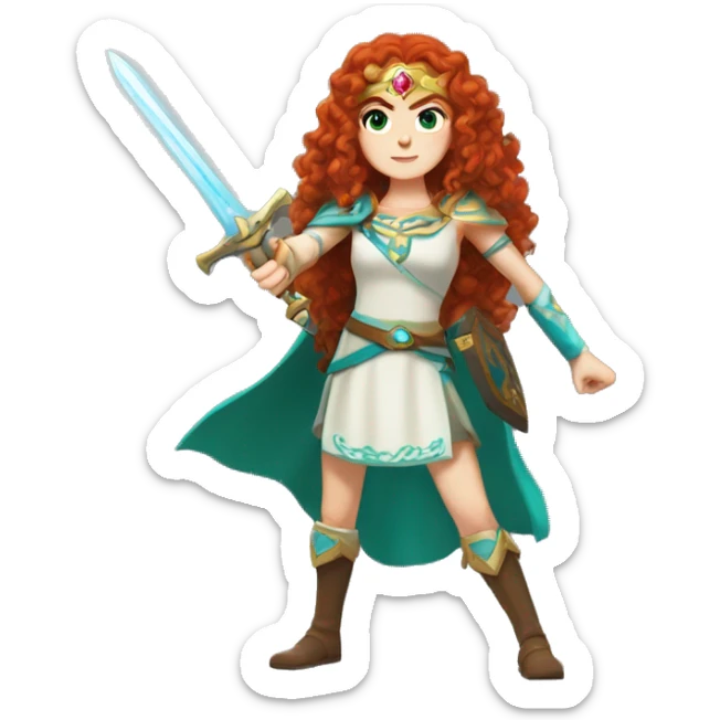 a white girl with long red curly hair and freckles, cosplaying Princess Zelda posing and ready for a fight sticker