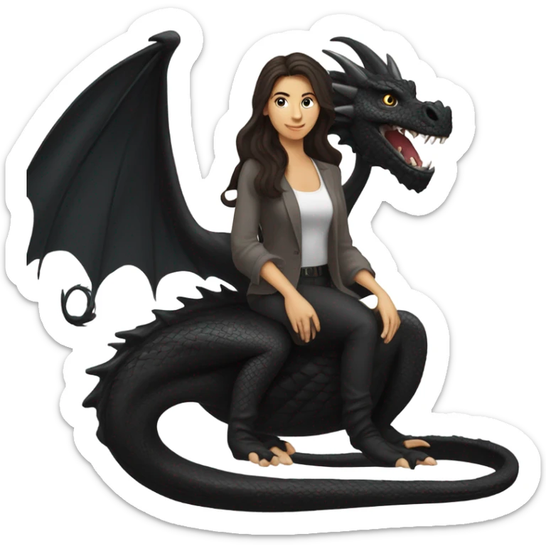 Beautiful white woman with long wavy dark brown hair riding a black dragon sticker