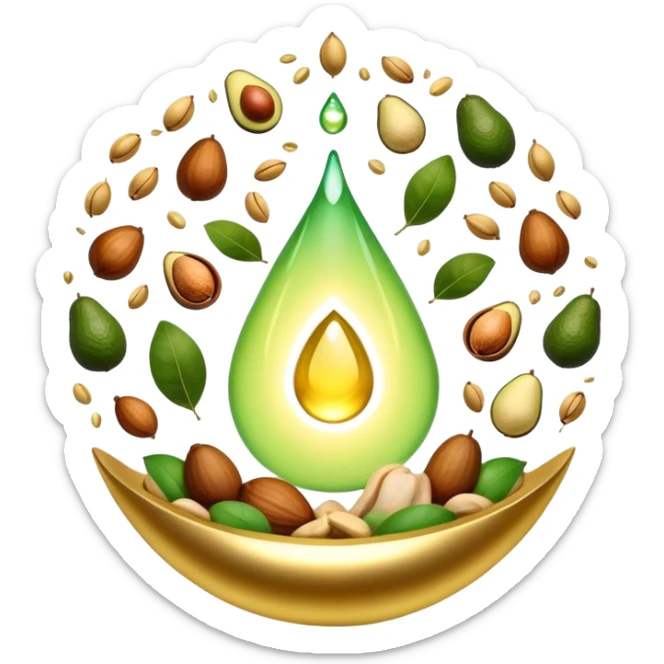 Floating aura in the shape of a golden and jade green drop, with bright icons of avocado, nuts, olive oil and ethereal fish spinning in a circle, surrounding a warm heart and illuminated brain, wrapped in a soft glow of protection and stable energy sticker