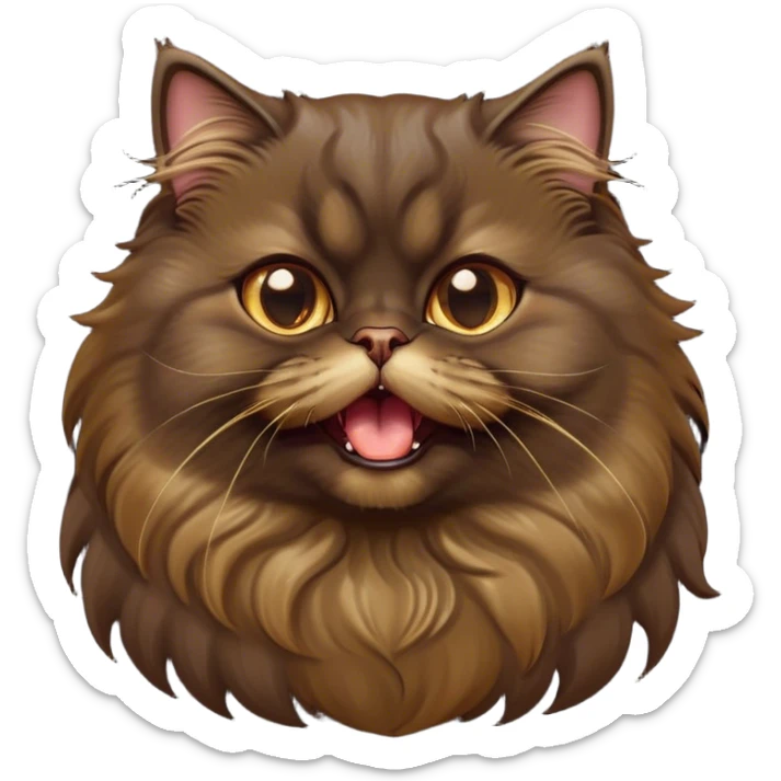 Cinematic Adorable Big-Eyed Fluffy Dark Brown Persian Cat Portrait Emoji, Head tilted playfully with a cute, exaggerated yawn, fluffy dark brown fur with rich caramel and gold undertones, Simplified yet irresistibly cute features with large, expressive eyes, highly detailed, glowing with a warm and gentle glow, high shine, a mix of affectionate and sleepy, stylized with a touch of whimsy, bright and full of charm, soft glowing outline, capturing the essence of a fluffy, loving kitty yawning in the most adorable way, so endearing it feels like it could leap out of the screen and stretch out for a cuddle! sticker