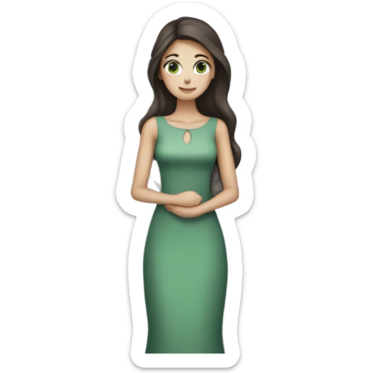 Beautiful skinny woman long dark brown hair in dress hug grey cat with green eyes sticker