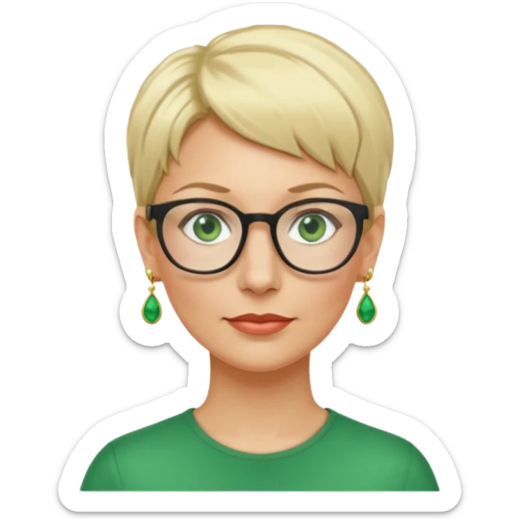 femme 40 ans lunettes cheveux très courts blonde anneaux oreilles yeux verts sticker