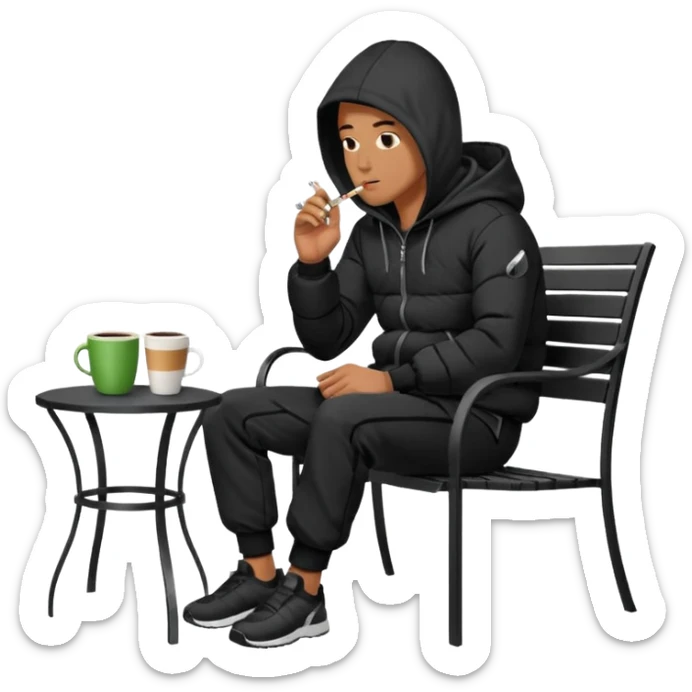A man sitting on a chair, wearing a black puffed coat with hood and jogging pants, he is smoking a cigaret and drinks a coffee, he is freezing outsider, he is on a chair, the chair is an outside coffe terrasse black metal chair sticker