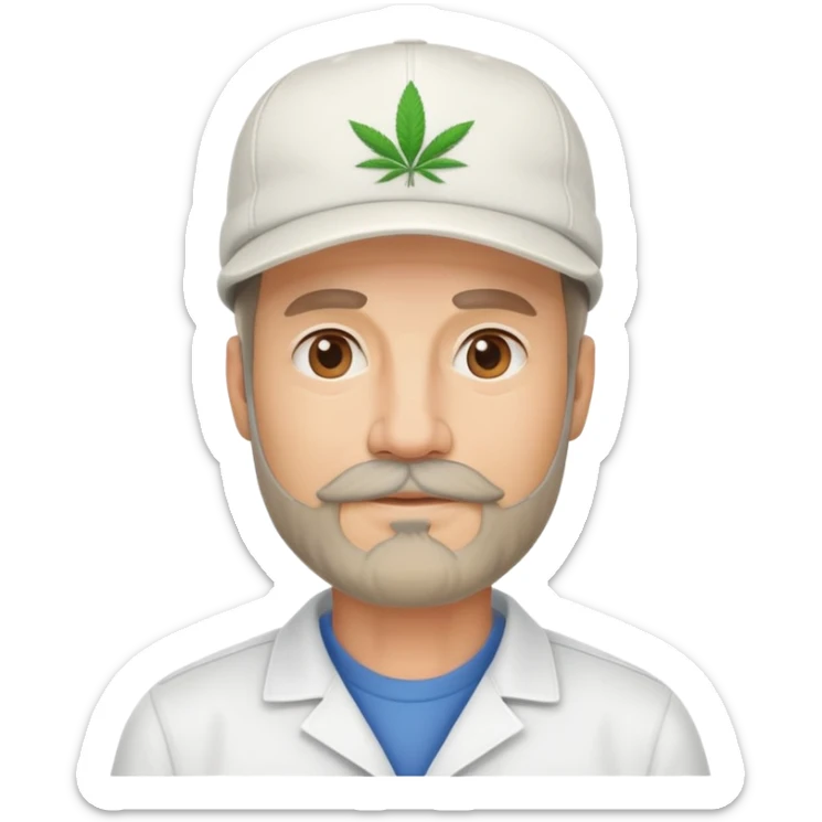 Middle-aged man with facial hair, dispensary owner, wearing a cap sticker