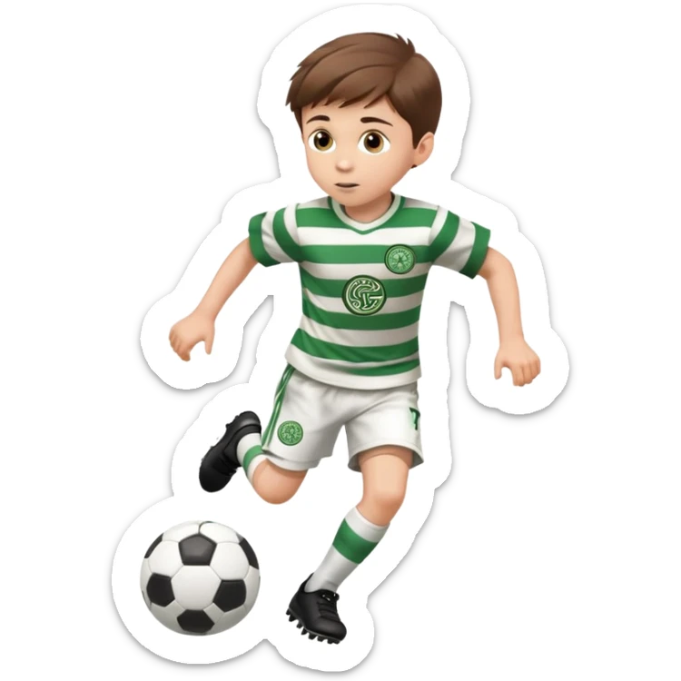 Celtic footballer jersey logo  6 years old brown hair white boy , brown eyes , stripes uniform , RUNNING  with soccer ball # 17 celtic football logo PUT ONLY ONE LOGO sticker