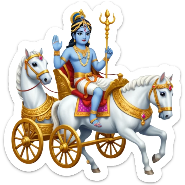 Lord Krishna driving a chariot ,seven white horses in front of the Chariot and Arjun riding the Chariot. sticker