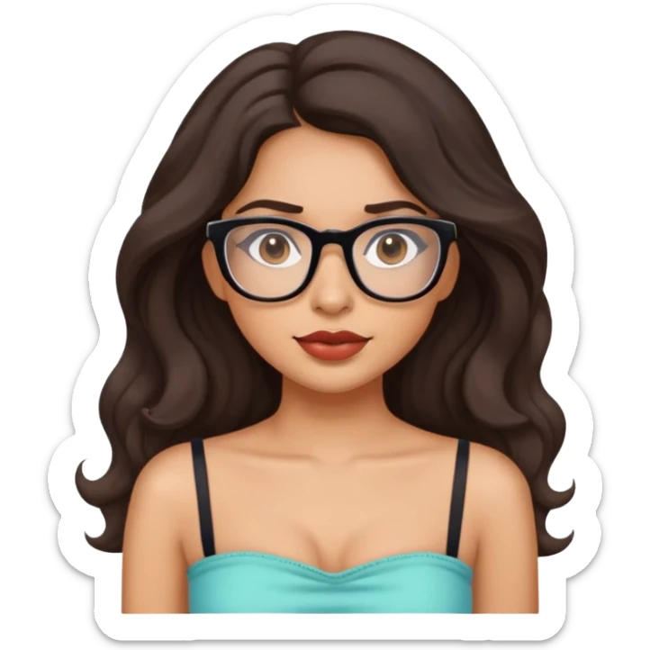Latina girl with long wavy hair slim face and glasses with big lipswearing a tube top sticker