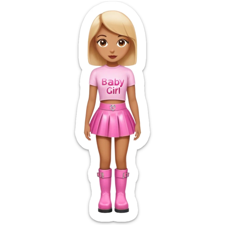 Mini latex skirt and boots and short top with pink inscription “Baby girl” sticker