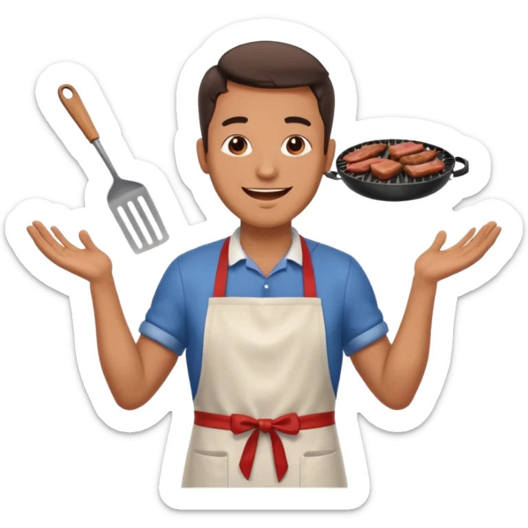 A cheerful man in an apron flipping meat on a sizzling grill with smoke puffing upward. sticker