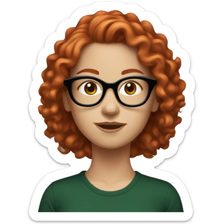 white girl in a black t-shirt with curly red hair, in dark green framed glasses  sticker