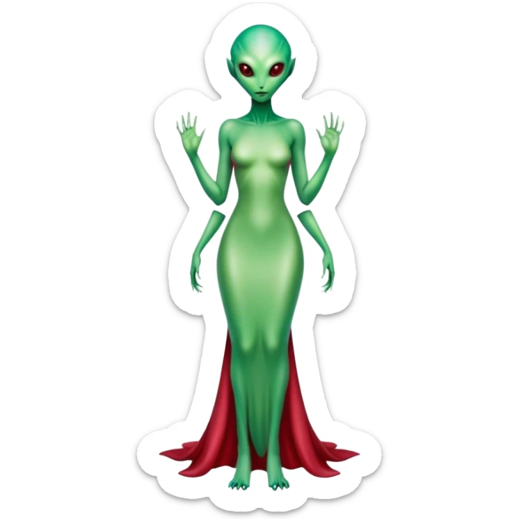 reptilian green alien woman, in( long slim pastel color:#FFFFFF formal party satin dress with gradient shiny sparkling dark red), full figure, full body sticker