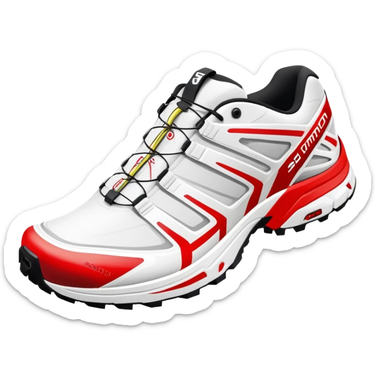 Ultra simplified white Salomon XT-6 shoes with just a red colored line across the middle, one behind the other, completely white design except for the colored center line sticker
