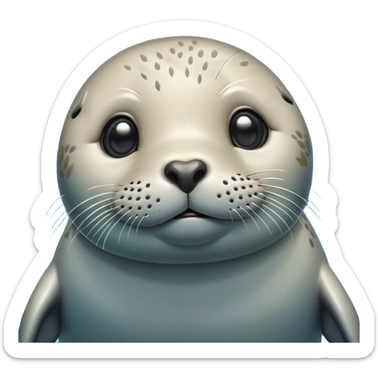 Cinematic Cute harbour seal Portrait Emoji, Head tilted playfully and inquisitively, featuring a charming, plump form with a sleek, shiny body and round, sparkling eyes full of gentle wonder, accented by a subtly contoured head, Simplified yet irresistibly adorable features, highly detailed, glowing with a warm, friendly oceanic glow, high shine, affectionate and lively, stylized with a touch of whimsical seaside charm, soft glowing outline, capturing the essence of a mischievous yet loving harbour seal that seems as if it could pop out of the screen into your arms! sticker