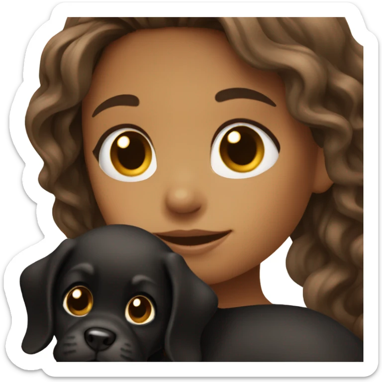 Girl with long wavy brown hair holding black puppy sticker